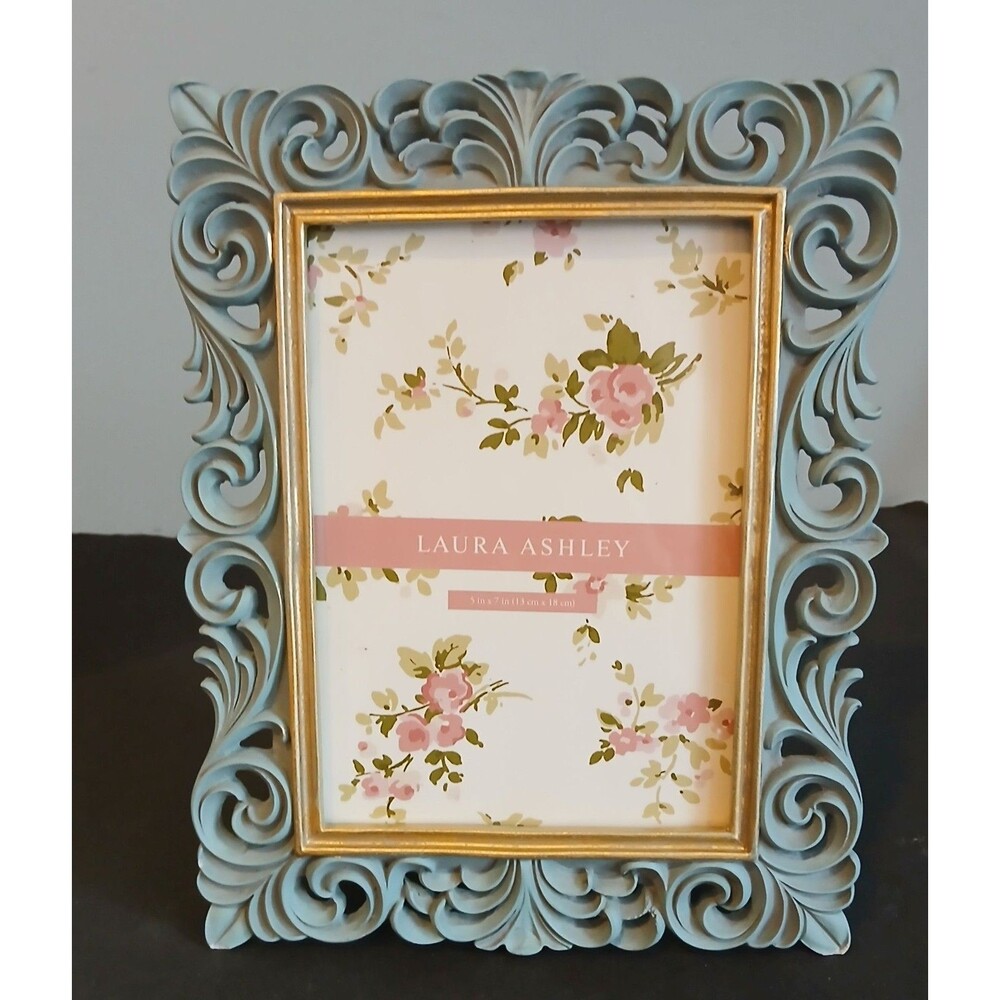 LAURA ASHLEY Photo Frame Blue Teal Scrollwork Resin Picture Cottage 5" x 7"